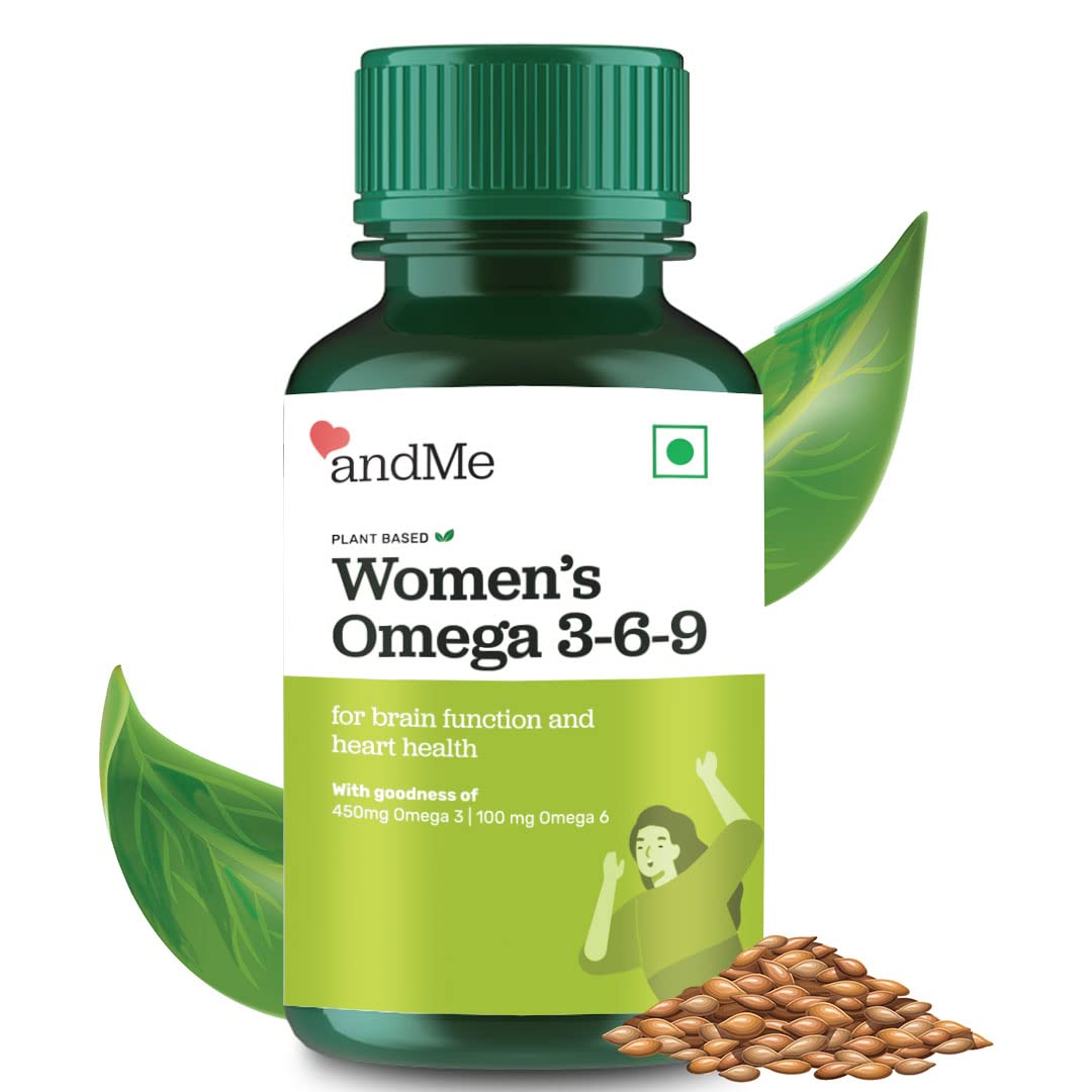 andMe Women's Omega-3,6 & 9, Vegan with 450mg Omega 3, 100mg Omega 6, 150gm Omega 9 for Healthy Brain & Heart, Bone & Joint, and Eye, Clinically Researched - 60 capsules
