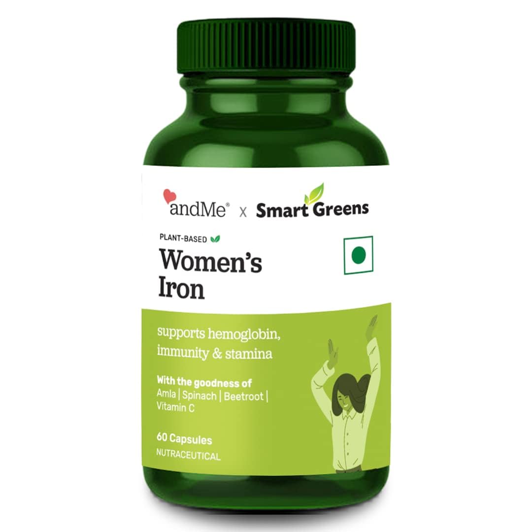 Andme PCOS powder drink for irregular periods, hormonal imbalance | AndMe-Smart Green Plant Based Iron Capsules 60N combo