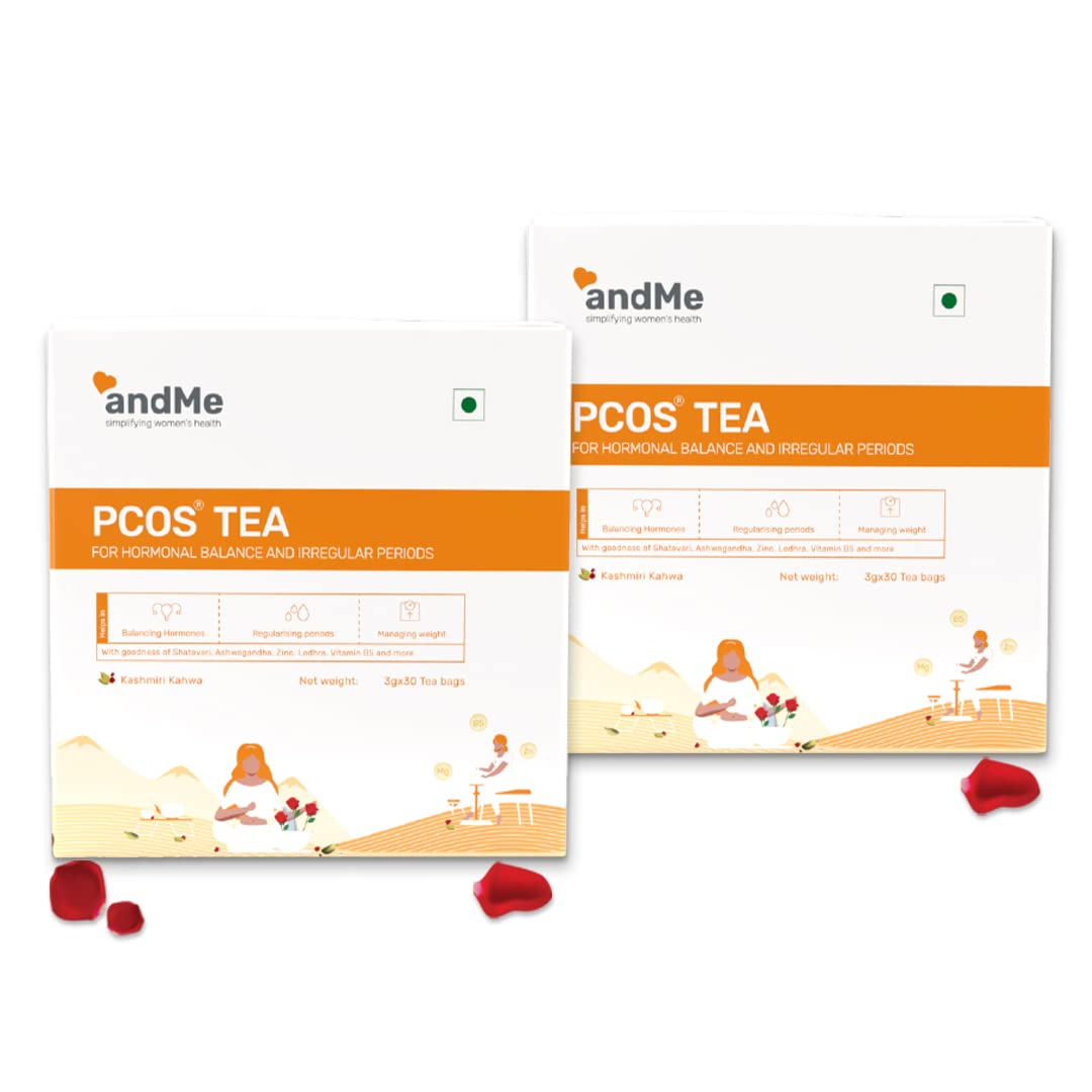 & ME PCOS PCOD Green Tea with Ayurvedic Herbs and Multivitamins for Hormonal Balance, Weight Management Regular Periods (Kashmiri Kahwa, Pack of 4, 60 Tea Bags & 120 Cups)