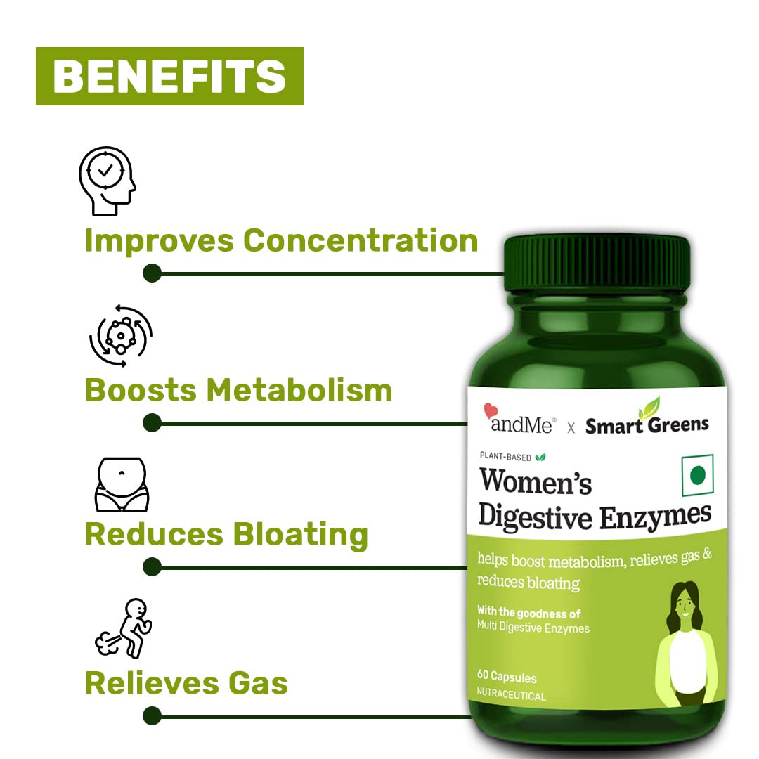 andMe x Smart Greens Women’s Digestive Enzymes Supplement Capsules | Vitamin B12 & Zinc Supplements for Women | Metabolism Booster | Relieve Gas & Reduce Bloating | Improve Focus | 1 box (60 Capsules)