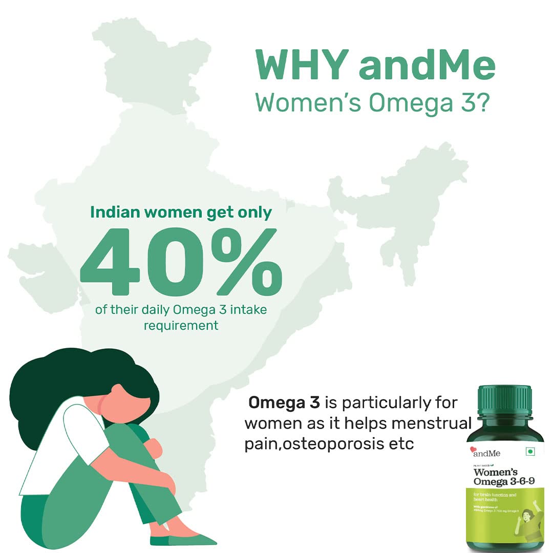 andMe Women's Omega-3,6 & 9, Vegan with 450mg Omega 3, 100mg Omega 6, 150gm Omega 9 for Healthy Brain & Heart, Bone & Joint, and Eye, Clinically Researched - 60 capsules