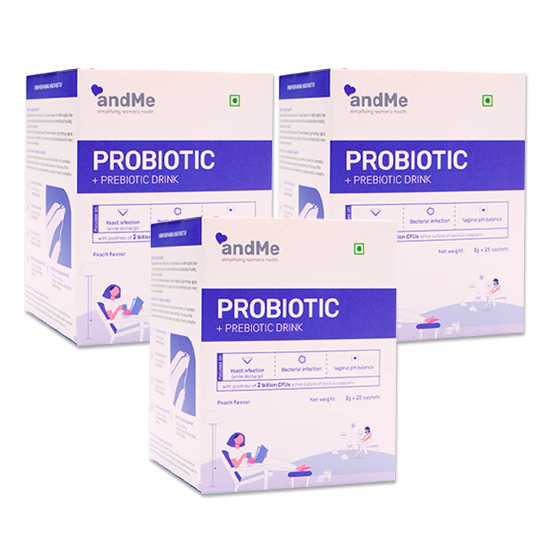 andMe Women Probiotics Supplement | Prebiotics and Probiotic for UTI , Vaginal Infection, pH Balance, White Discharge, Yeast Infections, Itching, Burning with 2 Billion CFUs, Amla and Ashoka | Dairy Free, Sugar free (Pack of 3, 75 sachets)