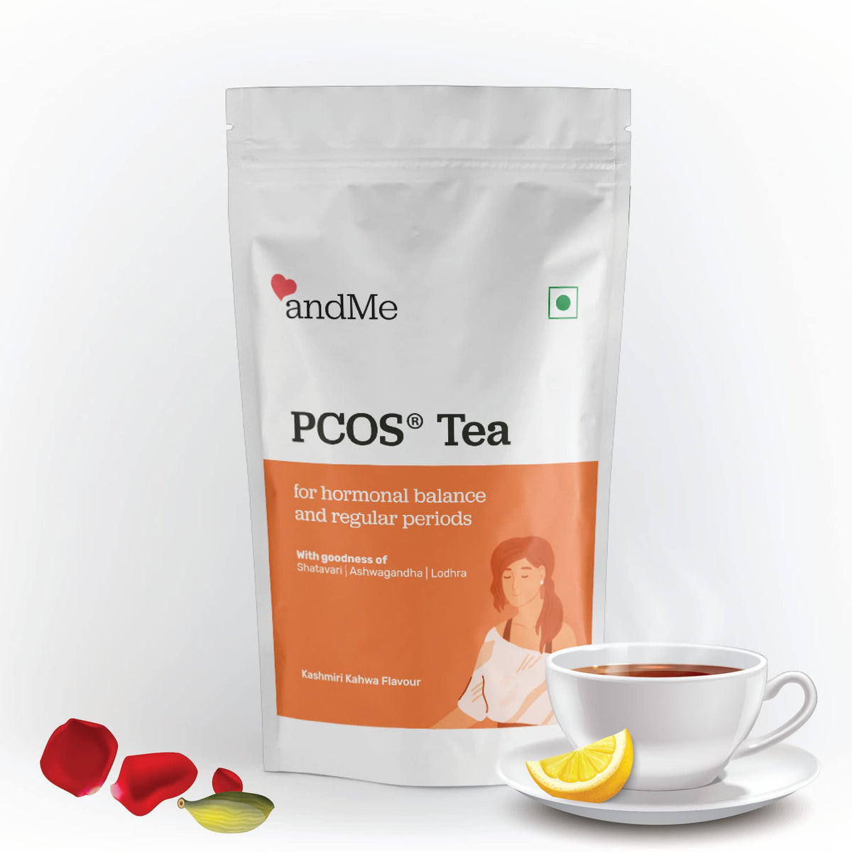 & ME PCOS PCOD Green Tea for Hormonal Balance, Weight Management Regular Periods - with Ayurvedic Herbs and Multivitamins (Kashmiri Kahwa, 15 Count Tea Bags)