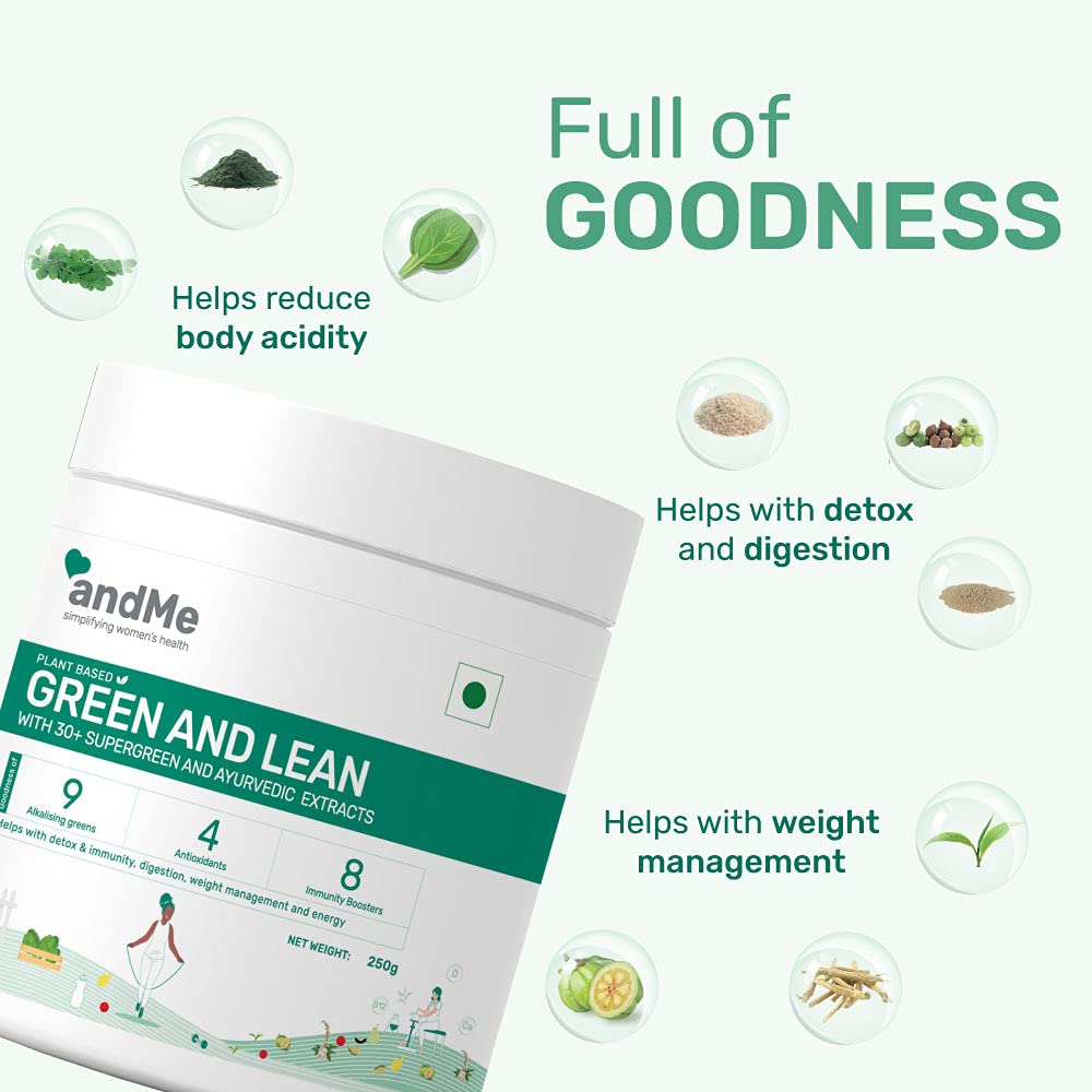 andMe Green & Lean Supergreen Powder for Detox, Digestion, Weight Management with Immunity Herbs like Spirulina, Moringa, Amla, Triphala, Ashwagandha, Carrot powder - 250 g